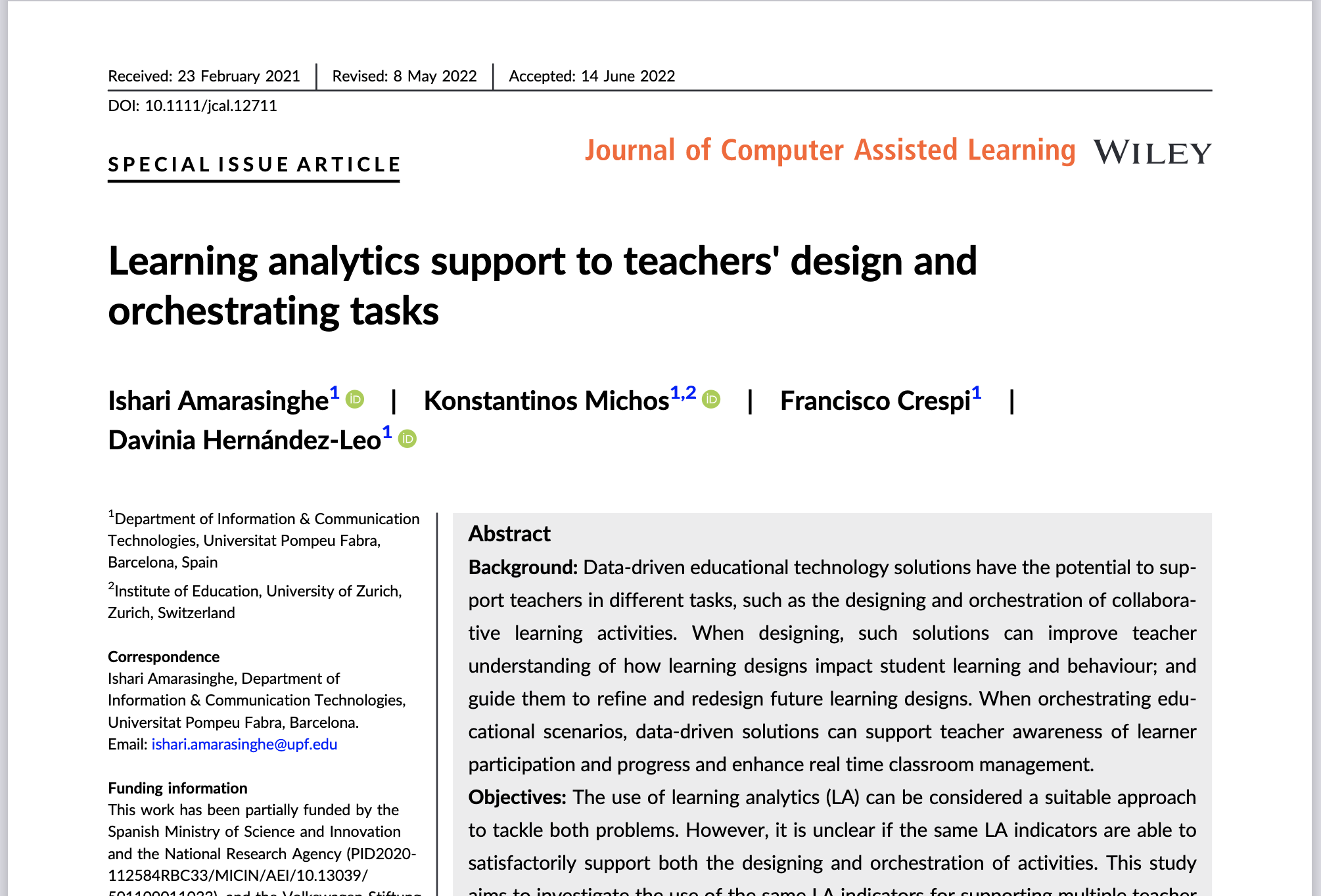 New JCAL paper: Learning Analytics Support to Teachers’ Design and Orchestrating Tasks,