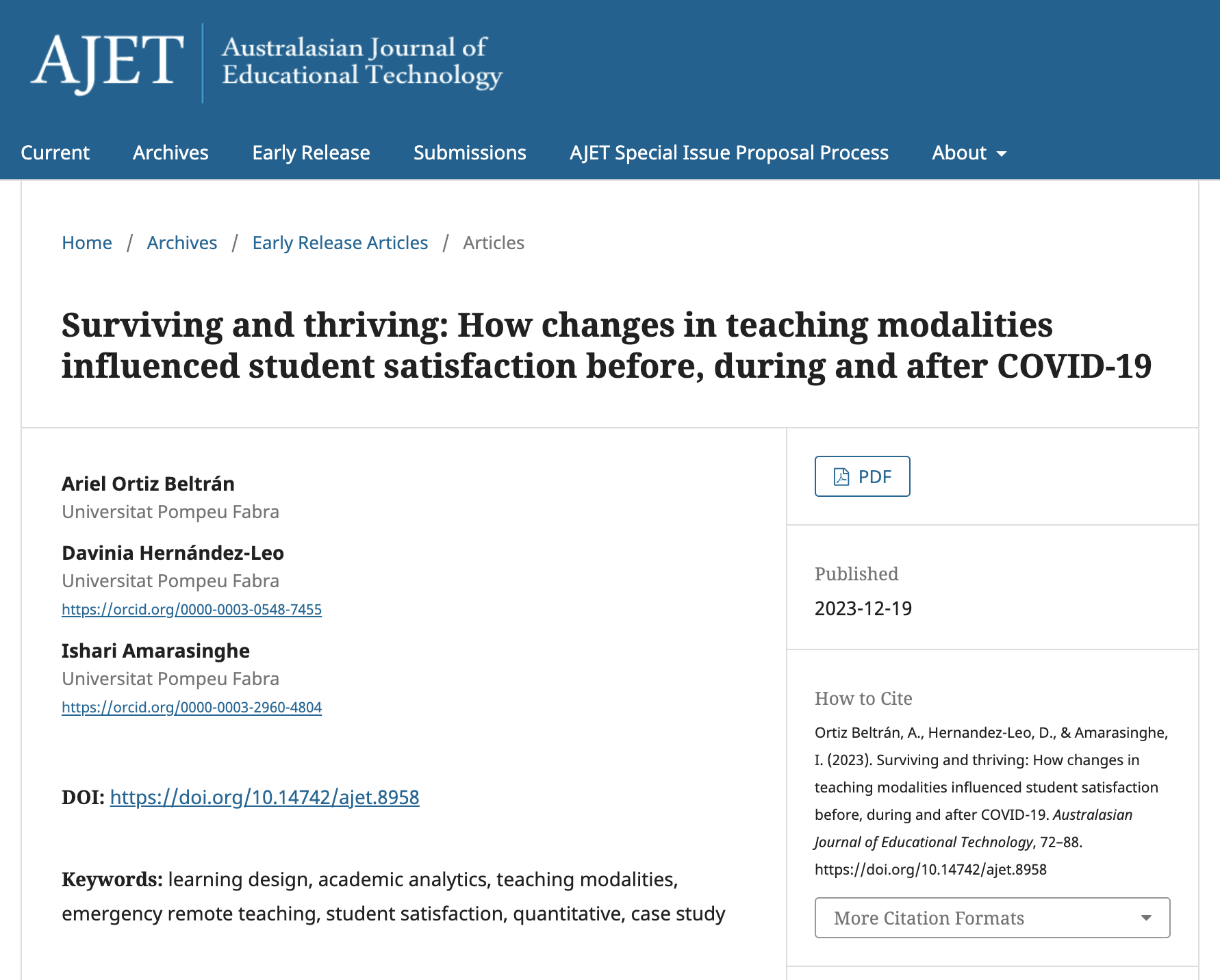 Just published! Surviving and thriving: How changes in teaching modalities influenced student satisfaction before, during and after COVID-19