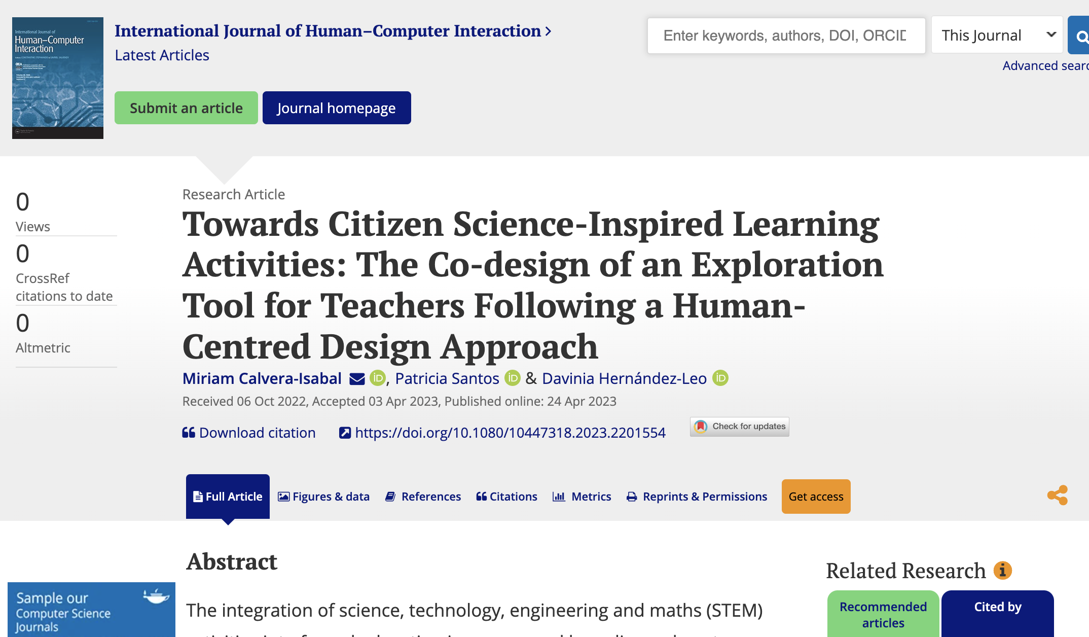 New publication: Towards Citizen Science-Inspired Learning Activities: The Co-design of an Exploration Tool for Teachers Following a Human-Centred Design Approach