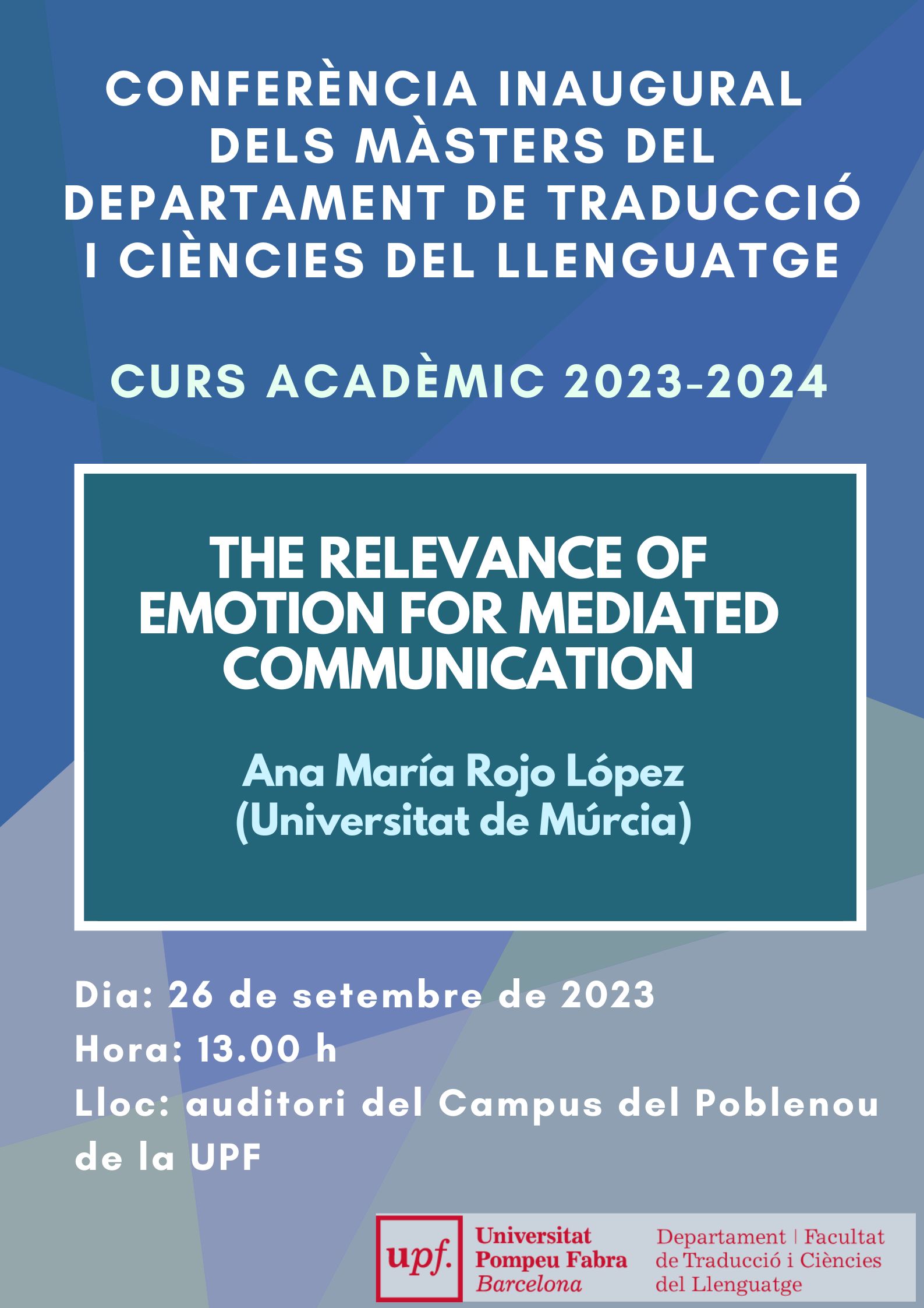 26/09/2023 Conferència inaugural dels Màsters del Departament de Traducció i Ciències del Llenguatge