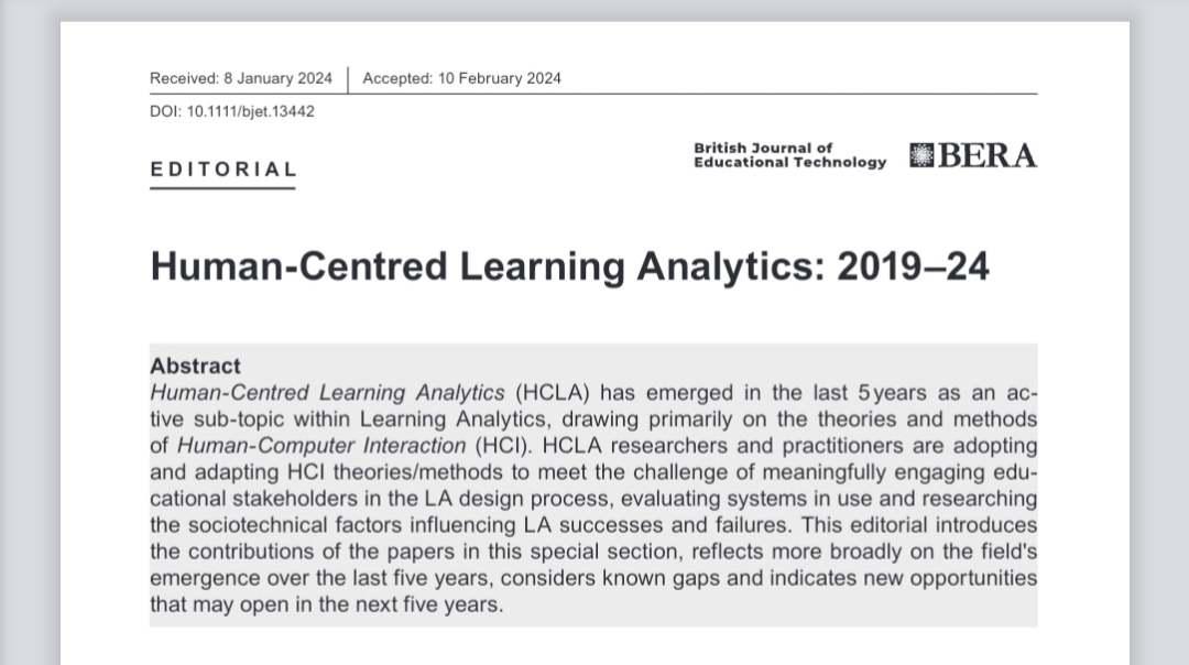 Just published: Human-centred Learning Analytics 2019-24 Editorial at BJET
