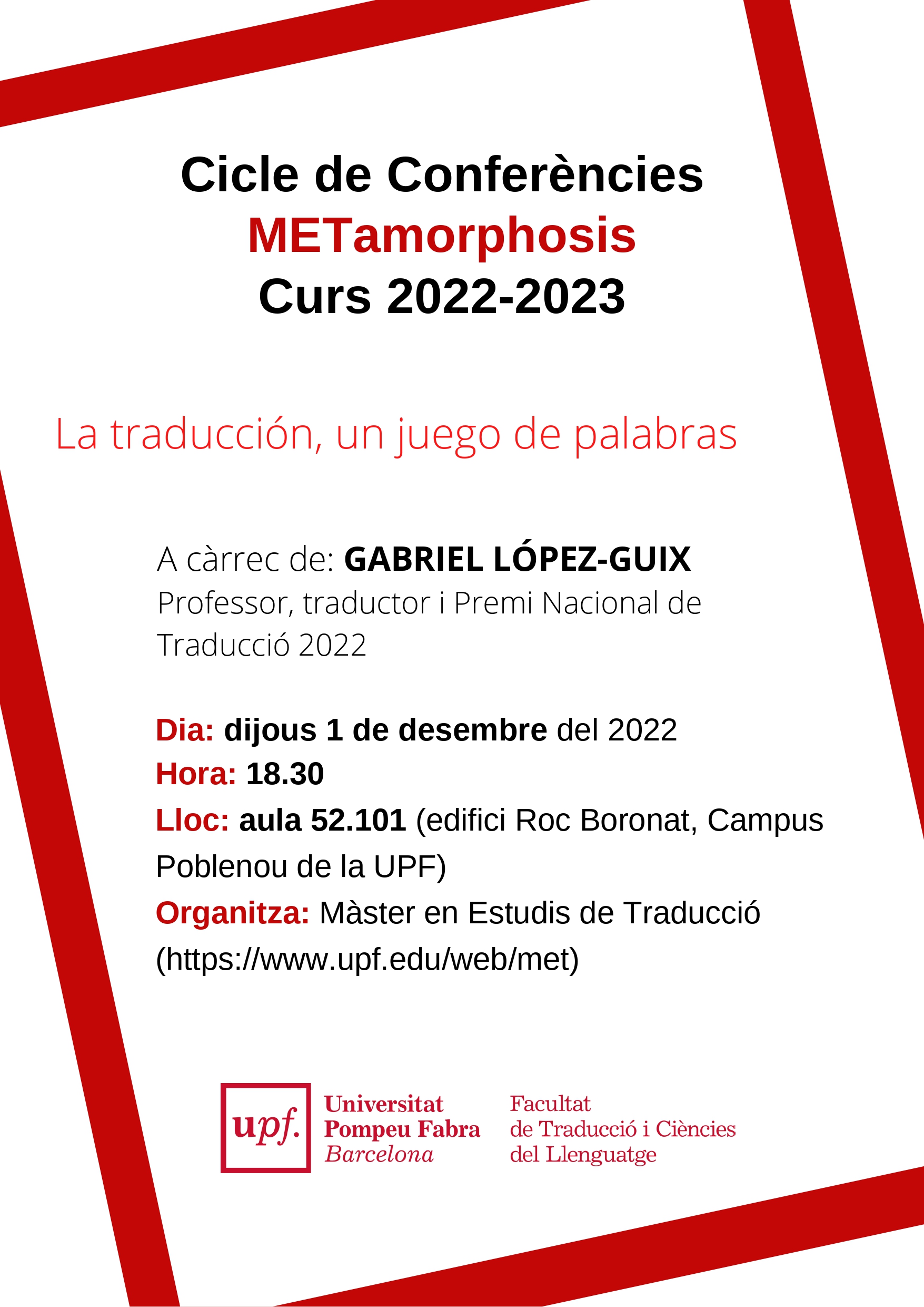 01/12/2022 Cicle de conferències METamorphosis, a càrrec de Gabriel López-Guix