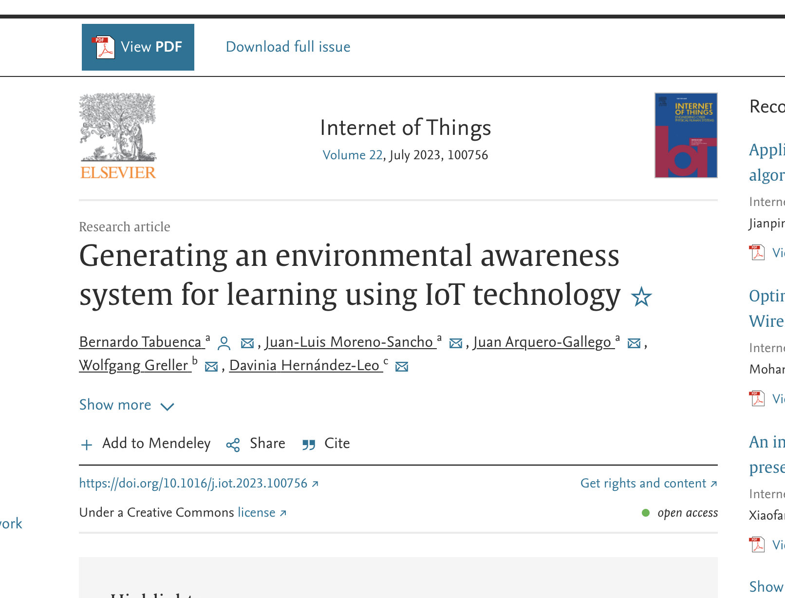 New publication: Generating an environmental awareness system for learning using IoT technology