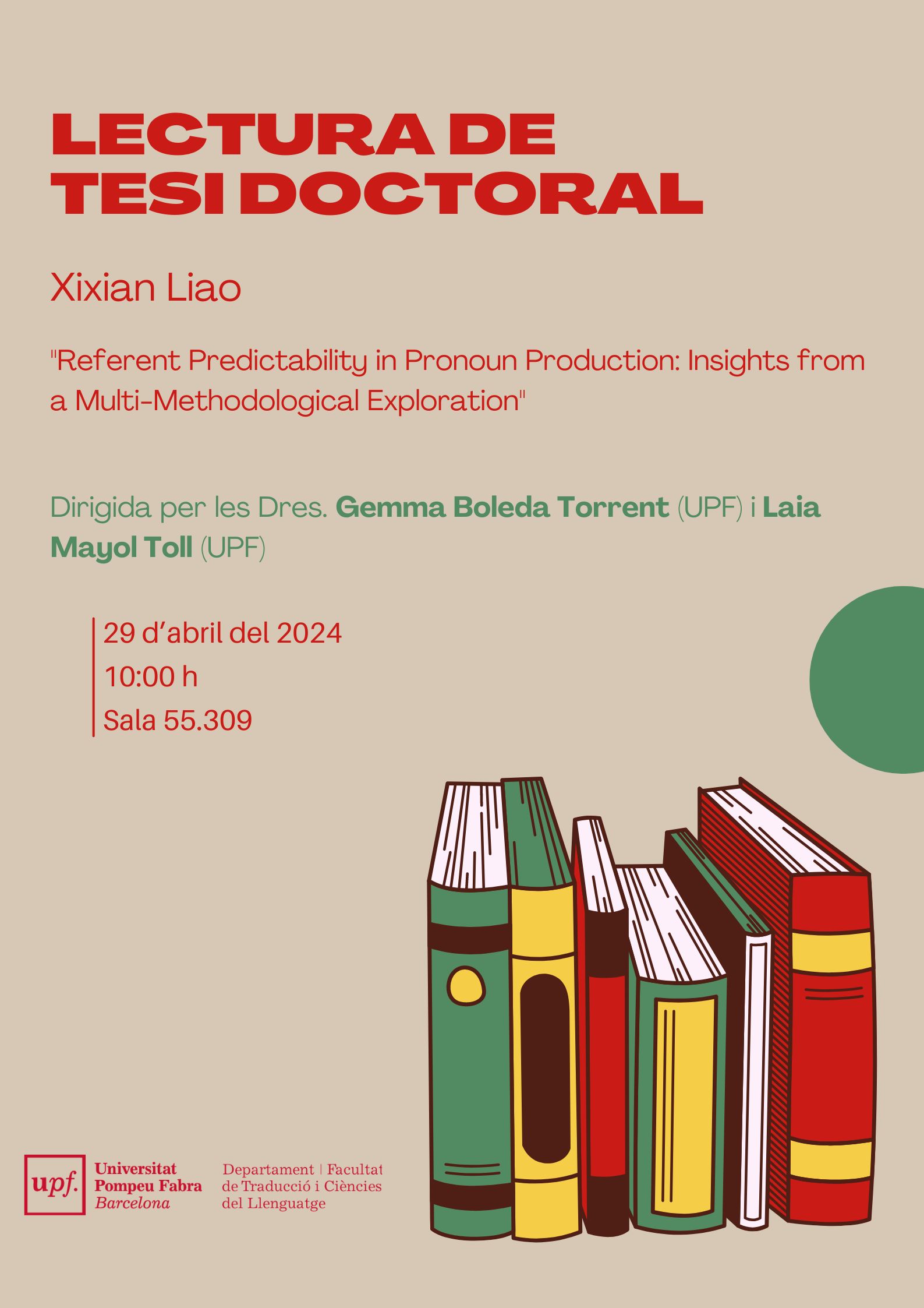 29/04/2024 Lectura de la tesi doctoral de Xixian Liao, a les 10.00 hores