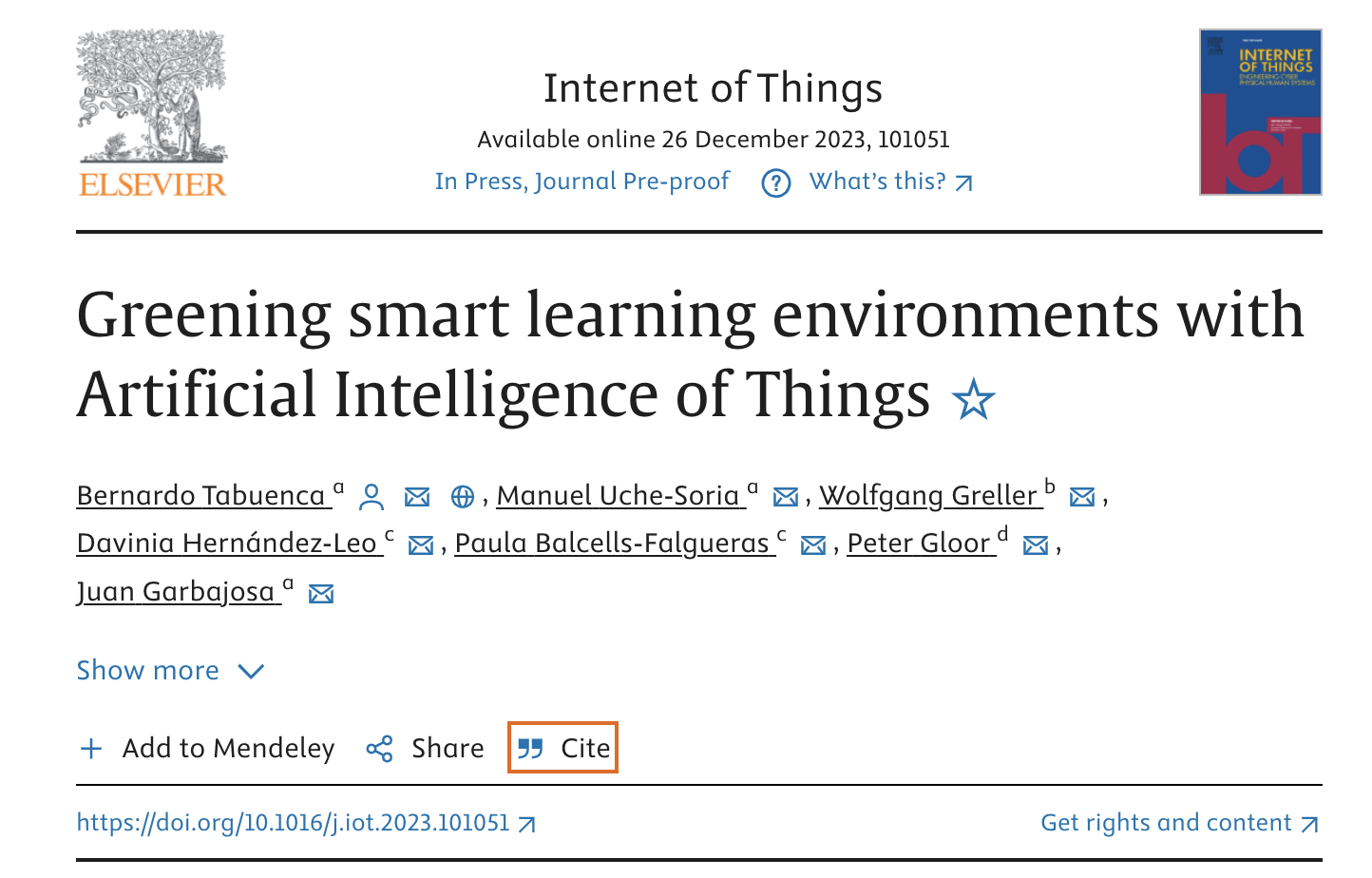 Just published! IoT, Greening smart learning environments with Artificial Intelligence of Things