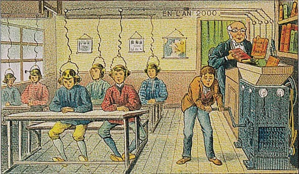 Imatge inicial - Postcard dating from 1910 featuring the utopian vision of schools in the year 2000 [Villemard, 1910 - Chromolithography Paris, BNF, Postcards]