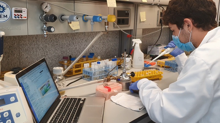 Imatge d'un membre de l'equip iGEM Barcelona treballant al laboratori. 