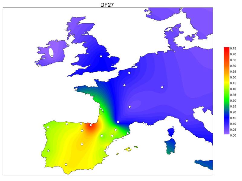 Freqüències de la variant DF27 a poblacions ibèriques i europees - UPF