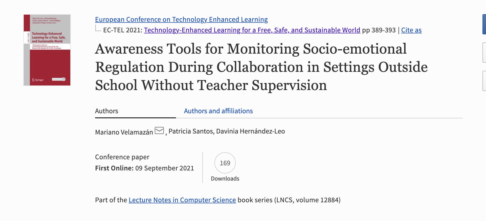 ECTEL2021 demo paper: Awareness Tools for Monitoring Socio-emotional Regulation During Collaboration in Settings Outside School Without Teacher Supervision
