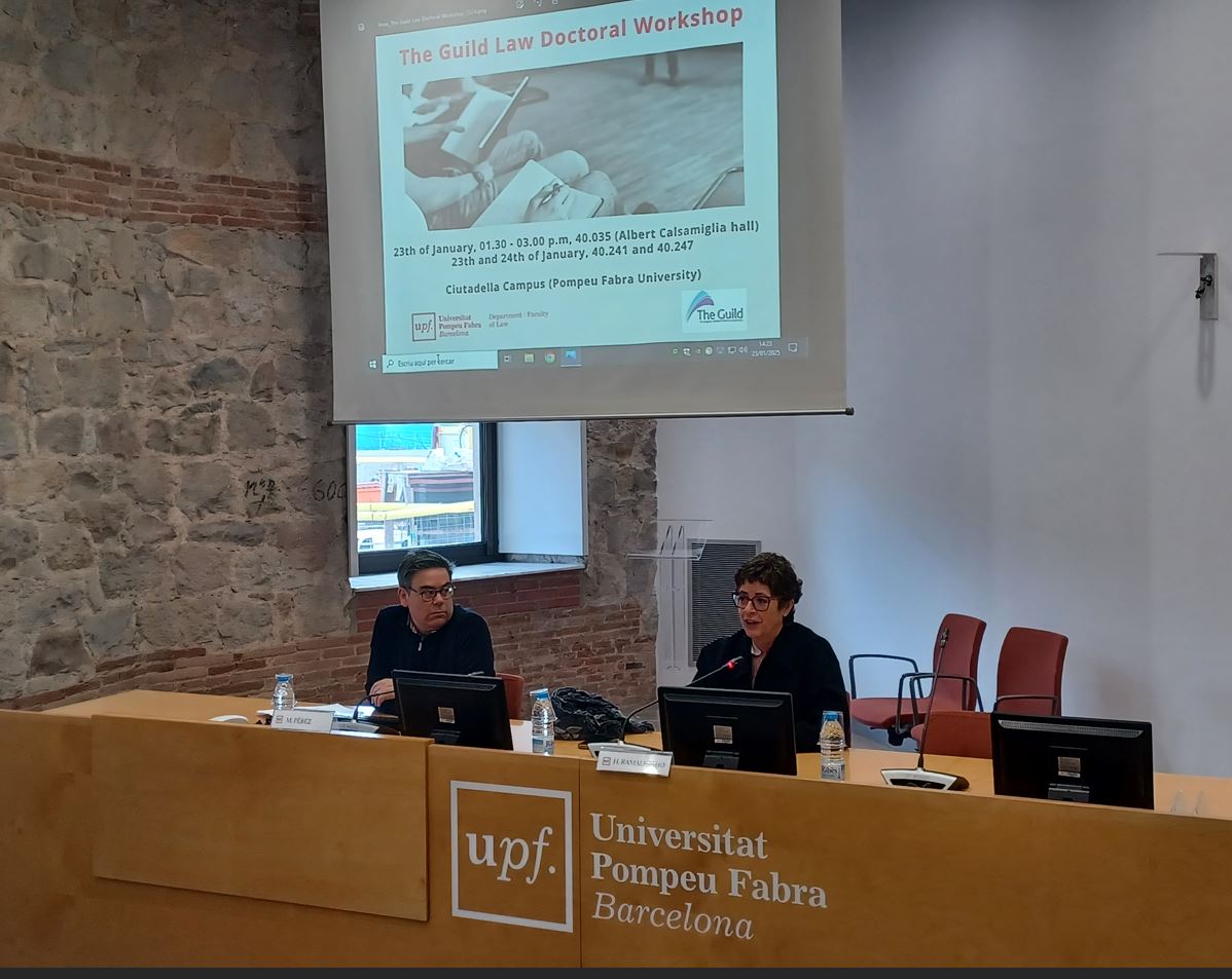 Inauguration of The Guild seminar on law, digital technologies and AI (From left to right: Maurici Pérez, vice-dean of the UPF Faculty of Law; and Helena Ramalhinho, vice-rector for Internationalization at UPF). Imatge inicial - Inauguration of The Guild seminar on law, digital technologies and AI (From left to right: Maurici Pérez, vice-dean of the UPF Faculty of Law; and Helena Ramalhinho, vice-rector for Internationalization at UPF).