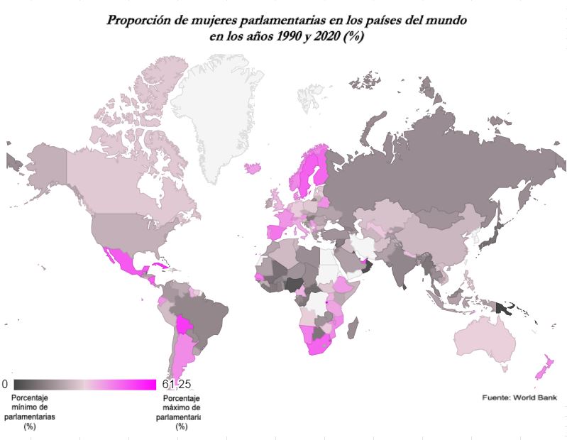 Proporción de mujeres parlamentarias en los países del mundo en los años 1990 y 2020 (%)