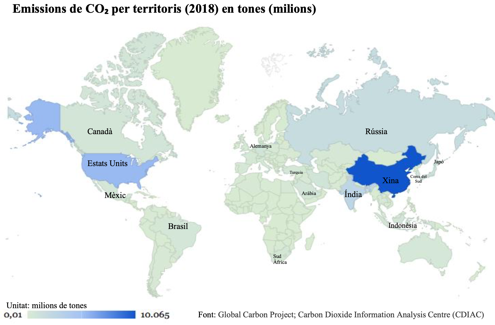 Emissions de CO₂ per territoris (2018) en tones (milions)
