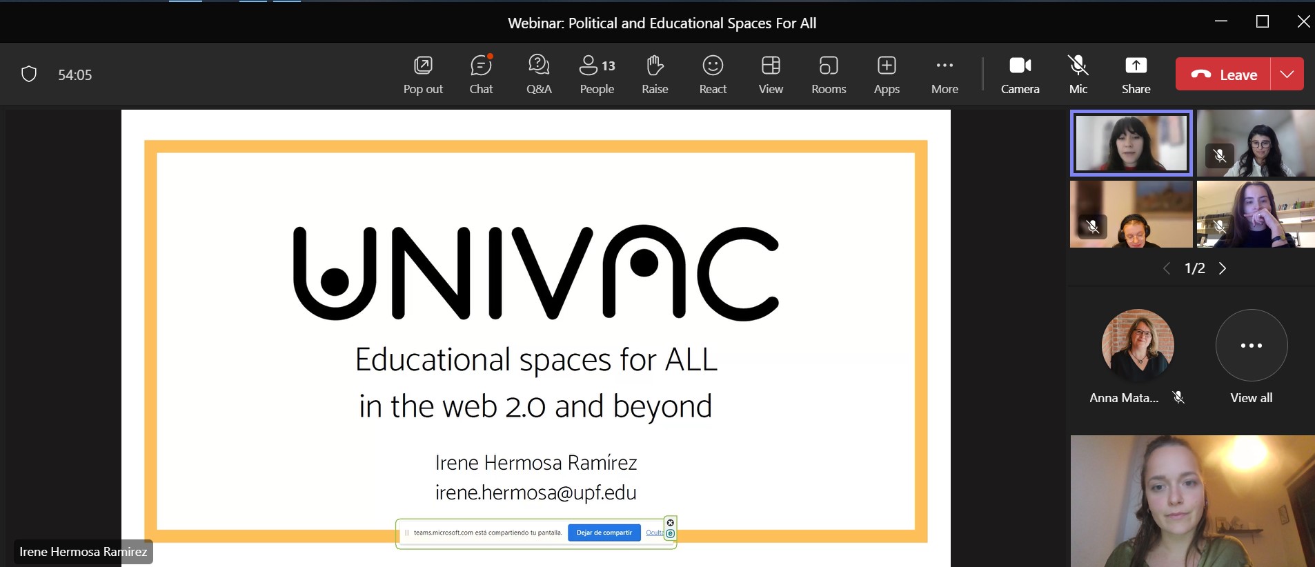 Captura del webinario con la presentación de Irene Hermosa: UNIVAC. Educational spaces for ALL in the web 2.0 and beyond