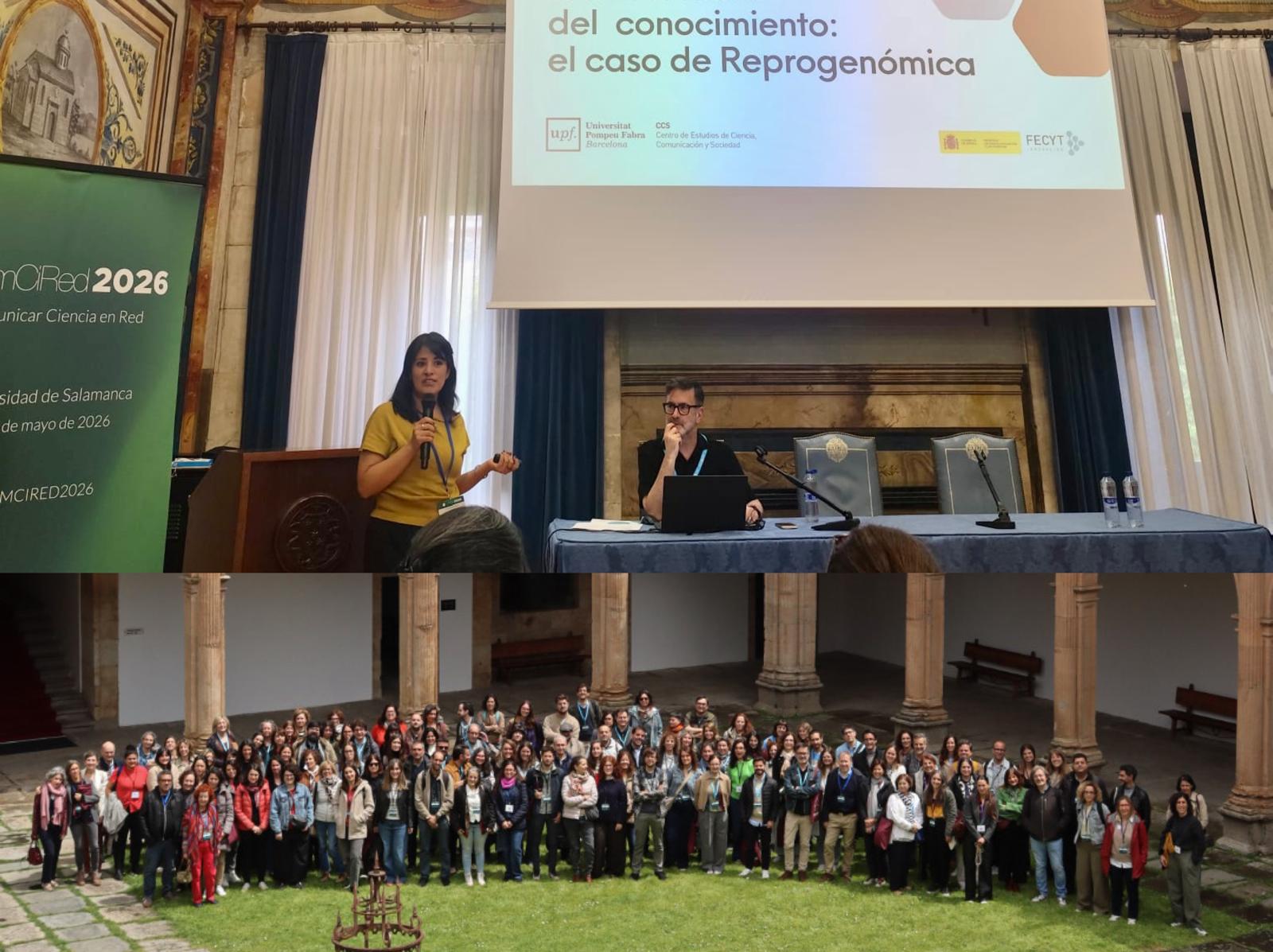 Paulina Brena durant la presentació de la ponència “Transferència social del coneixement: el cas de Reprogenòmica” i fotografia de grup de les persones assistents a ComCiRed 2026, celebrat a la Universidad de Salamanca. Imatge inicial - Paulina Brena durant la presentació de la ponència “Transferència social del coneixement: el cas de Reprogenòmica” i fotografia de grup de les persones assistents a ComCiRed 2026, celebrat a la Universidad de Salamanca.