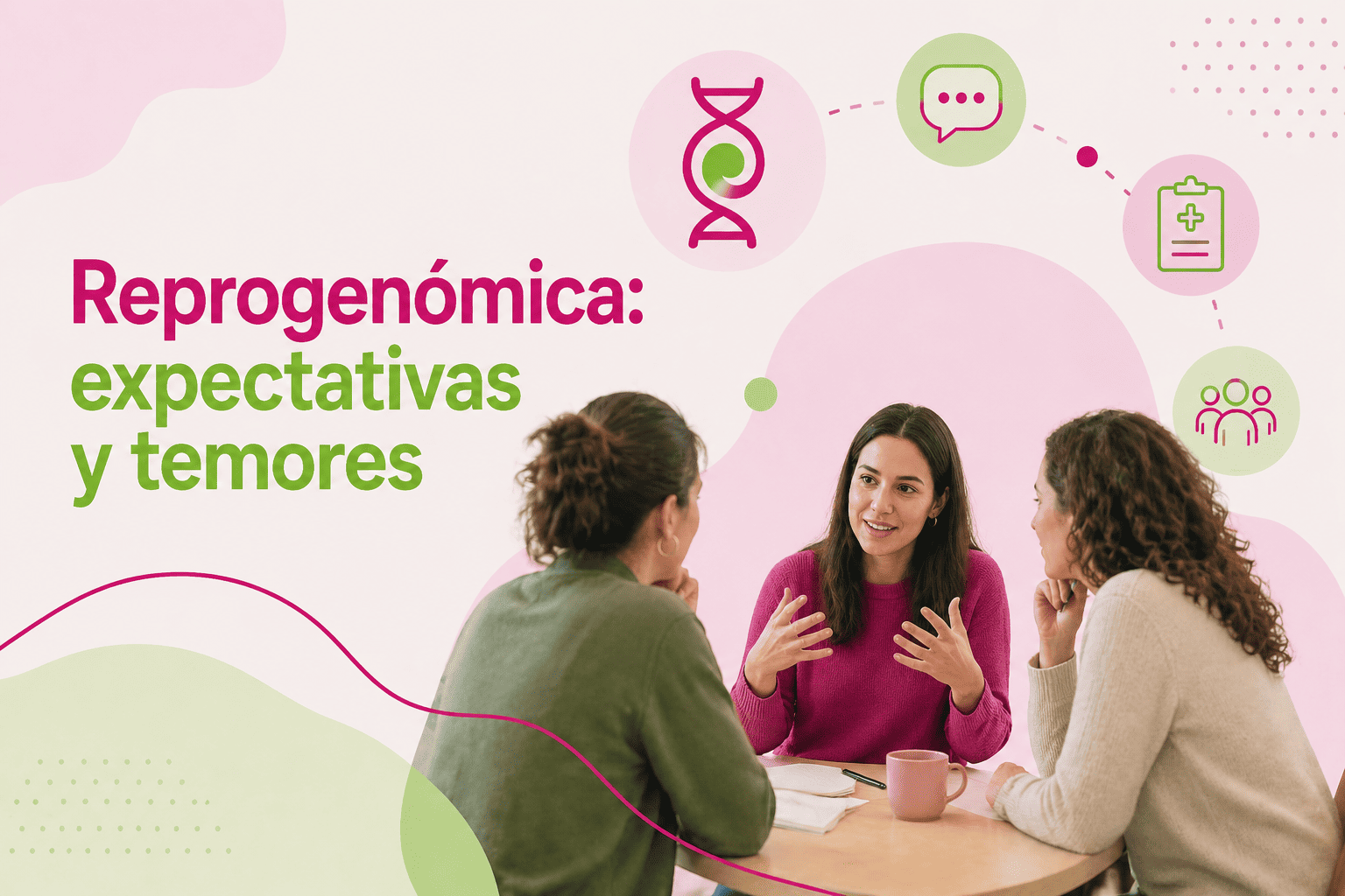 Imatge generada amb intel·ligència artificial (DALL·E, OpenAI) per il·lustrar un grup de discussió sobre la percepció pública de la genètica i la genòmica en reproducció humana, en el marc del projecte REPROGENÒMICA: expectatives i temors. Imatge inicial - Imatge generada amb intel·ligència artificial (DALL·E, OpenAI) per il·lustrar un grup de discussió sobre la percepció pública de la genètica i la genòmica en reproducció humana, en el marc del projecte REPROGENÒMICA: expectatives i temors.