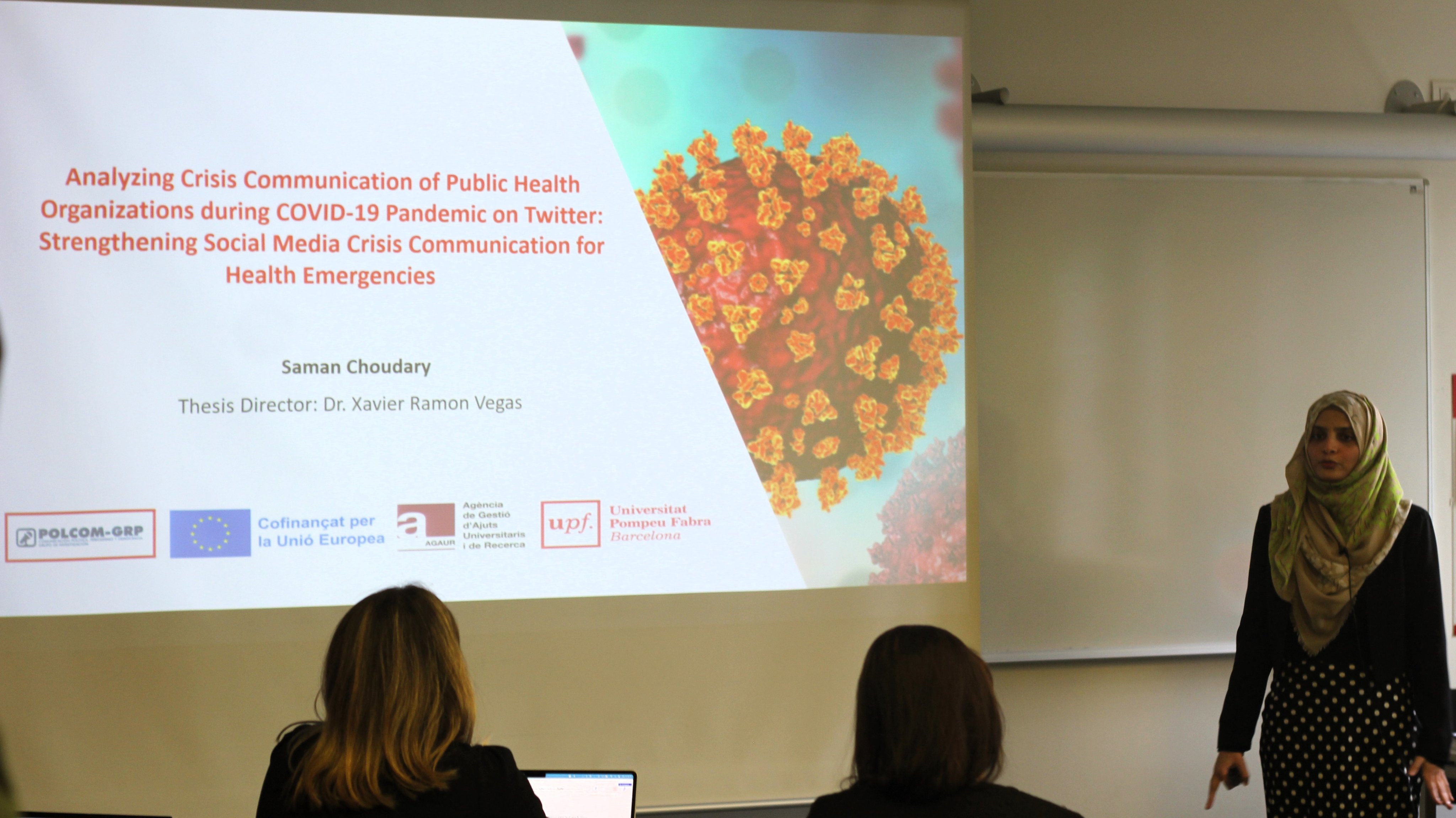 Researcher Saman Choudary begins the defense of her doctoral thesis at the Edifici Tànger of the Universitat Pompeu Fabra, last December 12. Imatge inicial - Researcher Saman Choudary begins the defense of her doctoral thesis at the Edifici Tànger of the Universitat Pompeu Fabra, last December 12.