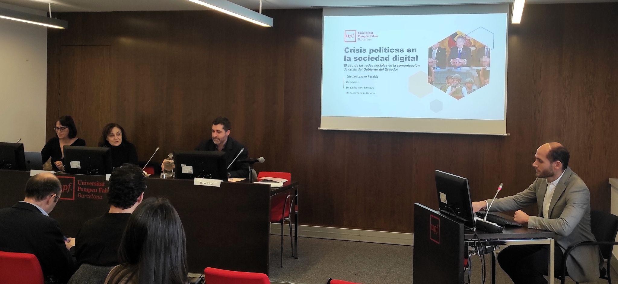 Researcher Cristhian Lozano Recalde begins the defence of his doctoral thesis at the Edifici Tànger building of Pompeu Fabra University on 27 February. Imatge inicial - Researcher Cristhian Lozano Recalde begins the defence of his doctoral thesis at the Edifici Tànger building of Pompeu Fabra University on 27 February.