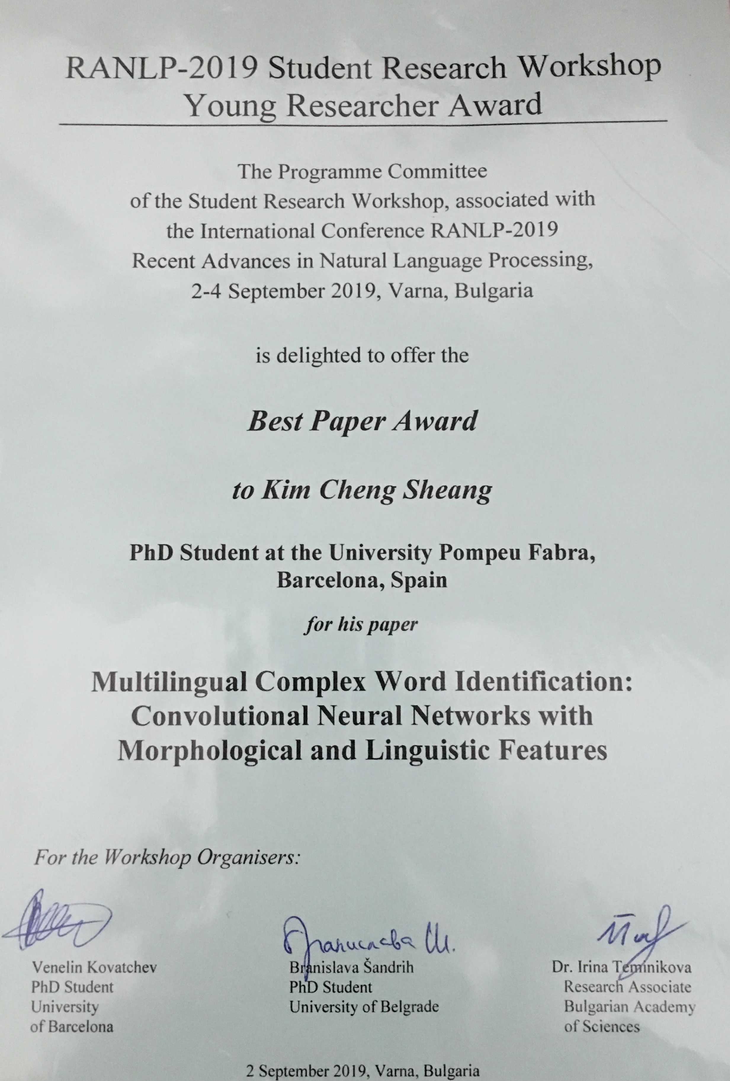 Best paper award at RANLP 2019