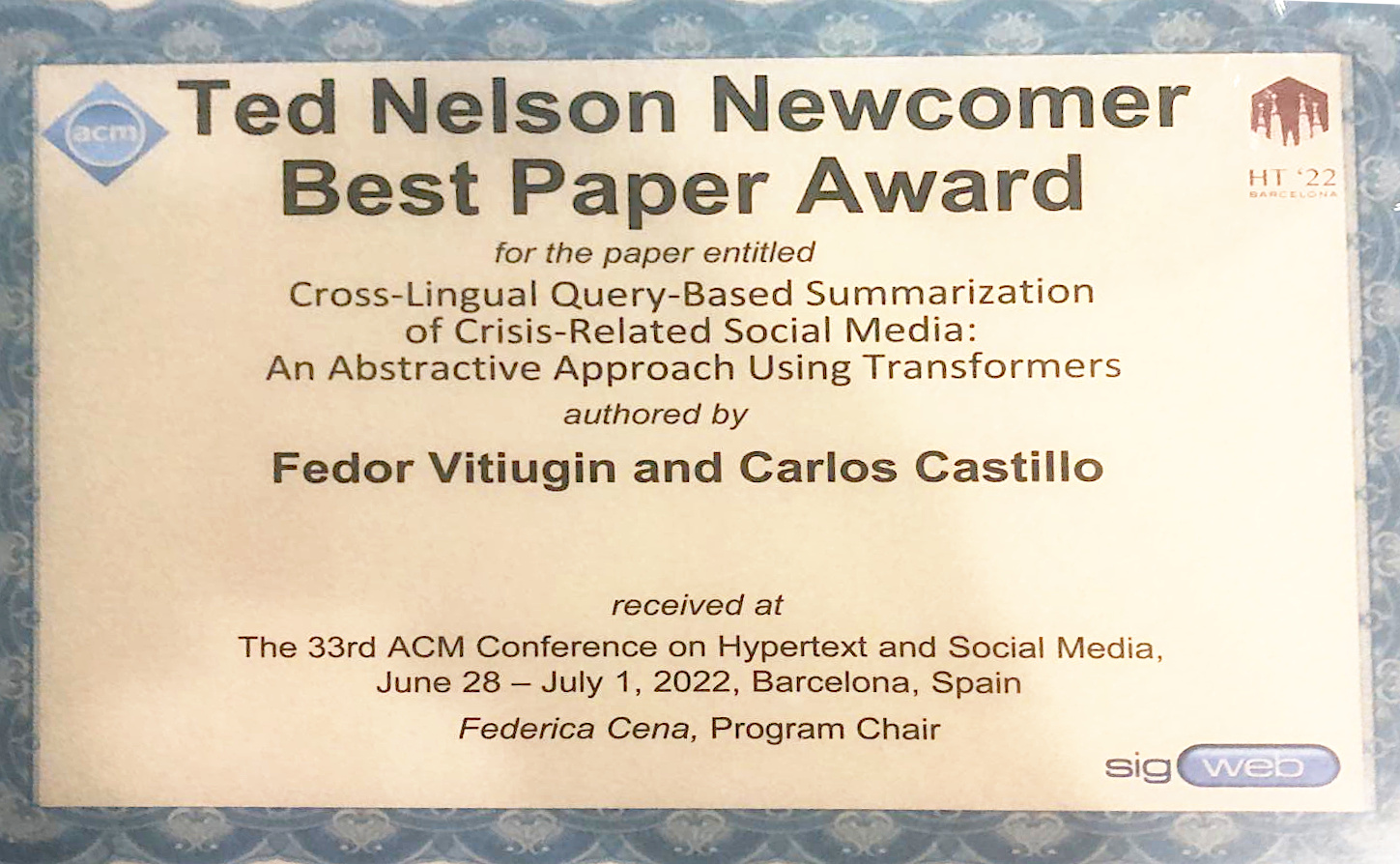 Best newcomer paper at ACM HT