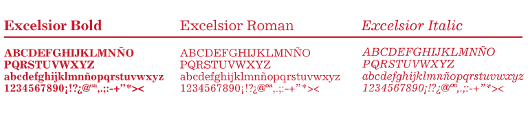 mostra de les tres variant de la tipografia excelsior