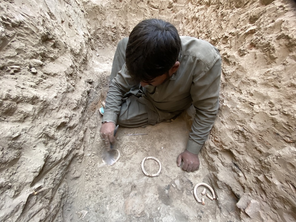 Excavación de brazaletes de terracota encontrados en las capas del Harappiense temprano