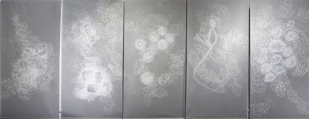 The weft of invisible friends (conjunto de cinco pinturas que enseñan la estructura de un virus)